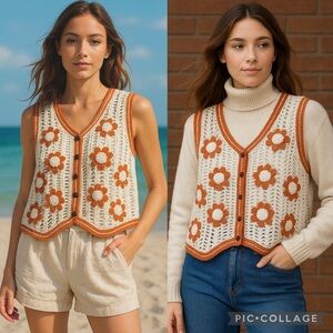 New Crochet Lace Knit Elegant Cream Lace Sleeveless Blouse Top Sheer Floral Vest